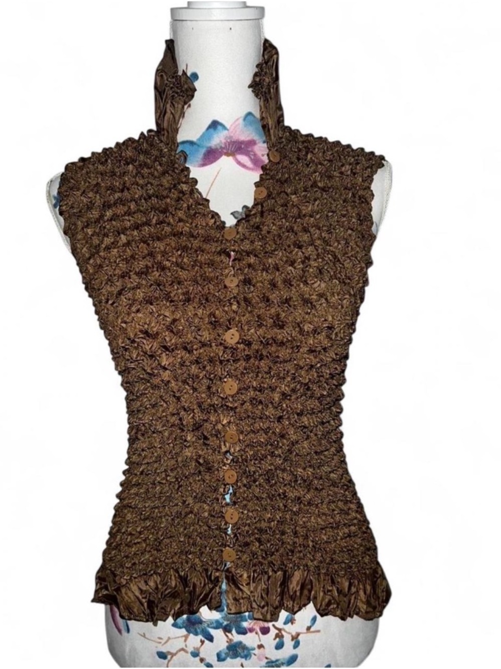 Y2K Radiance Bronze Crinkle Satin Halter Top Stretchy Button Front
